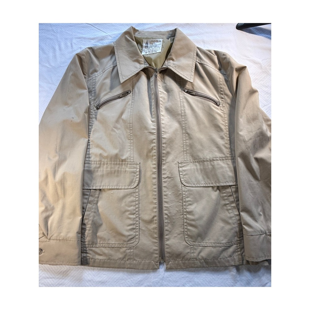 Vintage London Fog Tan Khaki Zip Front Utility Jacket Mens 46 Reg Pockets